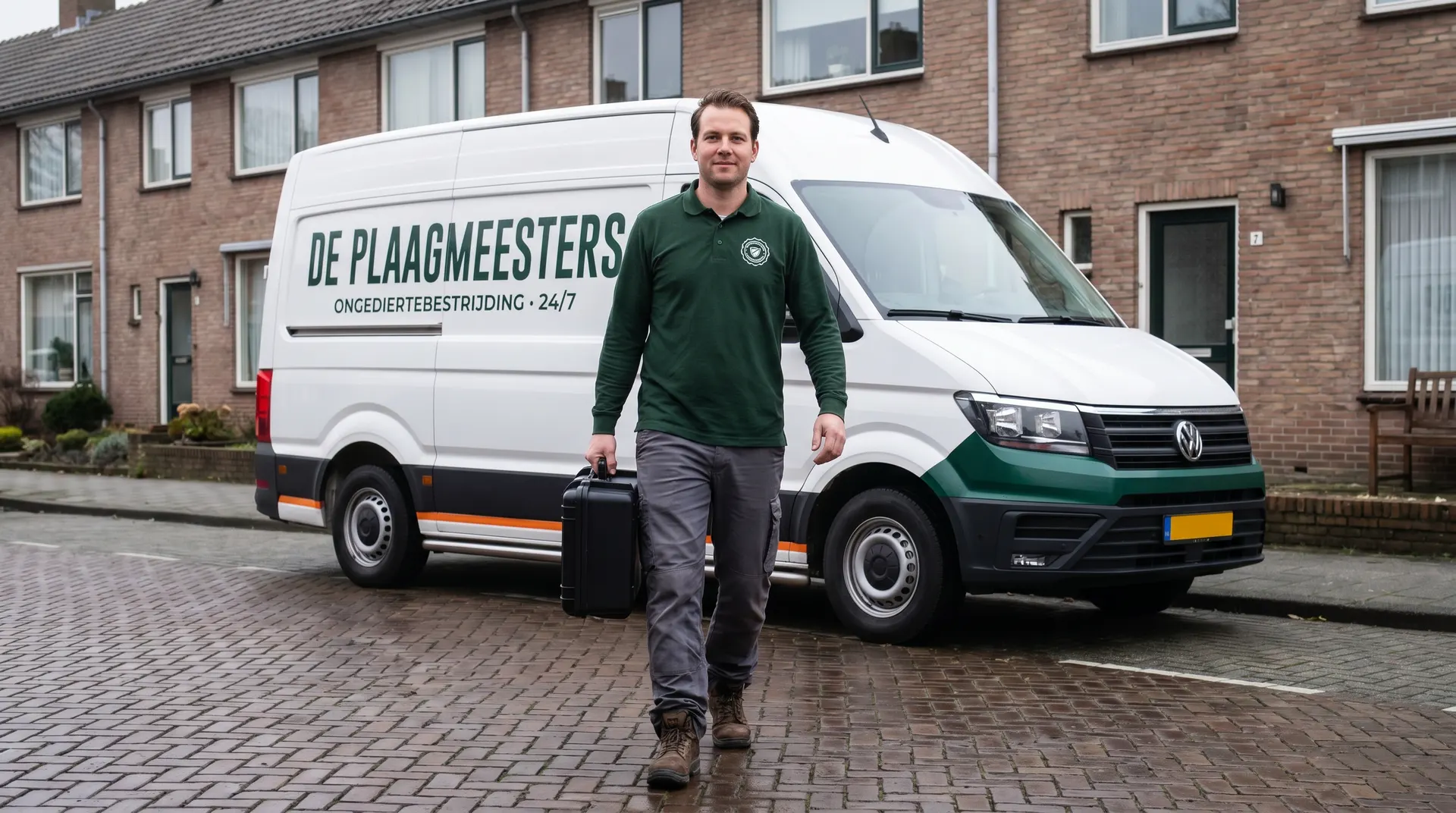 Bestrijder van De Plaagmeesters komt aan bij een woning met zijn gereedschap