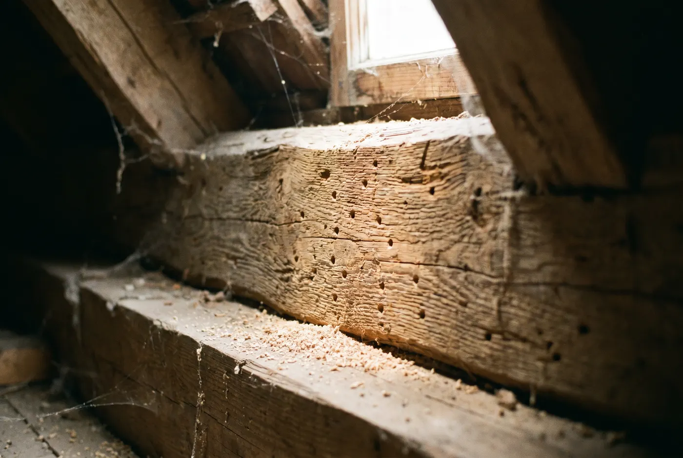 Houtwormgaatjes en houtmeel in een oude houten balk